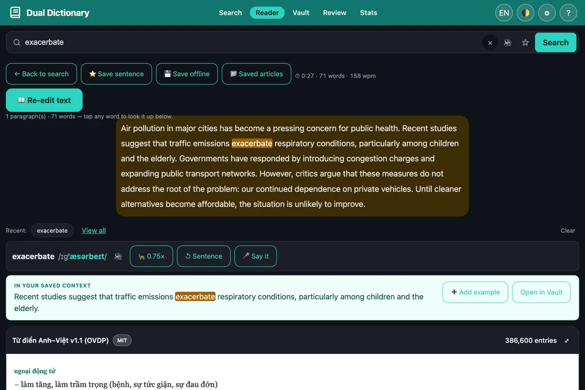Reader mode của Dual Dictionary: bấm vào từ exacerbate trong bài đọc, từ được tô sáng trong câu gốc, kèm nghĩa tiếng Việt và nút lưu câu