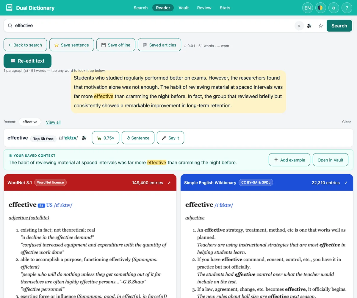 Reader mode của Dual Dictionary: đang đọc bài, chạm vào một từ thì nghĩa hiện ra ngay tại chỗ, bài đọc không bị ngắt quãng