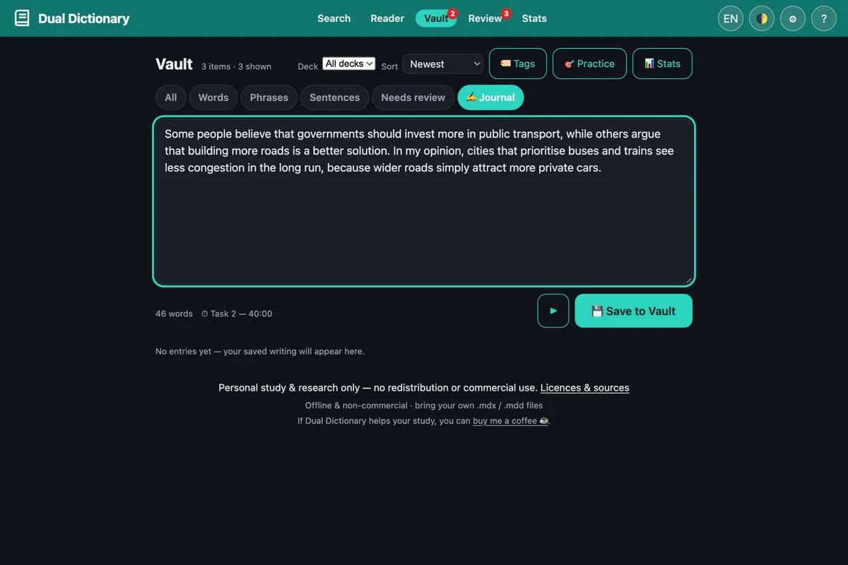 Journal trong Vault của Dual Dictionary: ô viết bài với 46 từ đã đếm, đồng hồ Task 2 40:00 và nút bắt đầu, nút lưu vào Vault